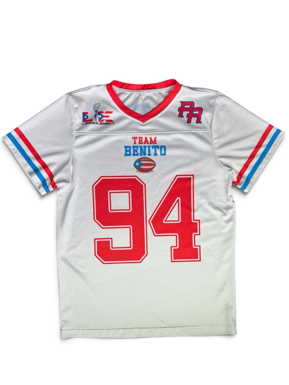 Team Benito White Football Jersey - Red & Blue Accents